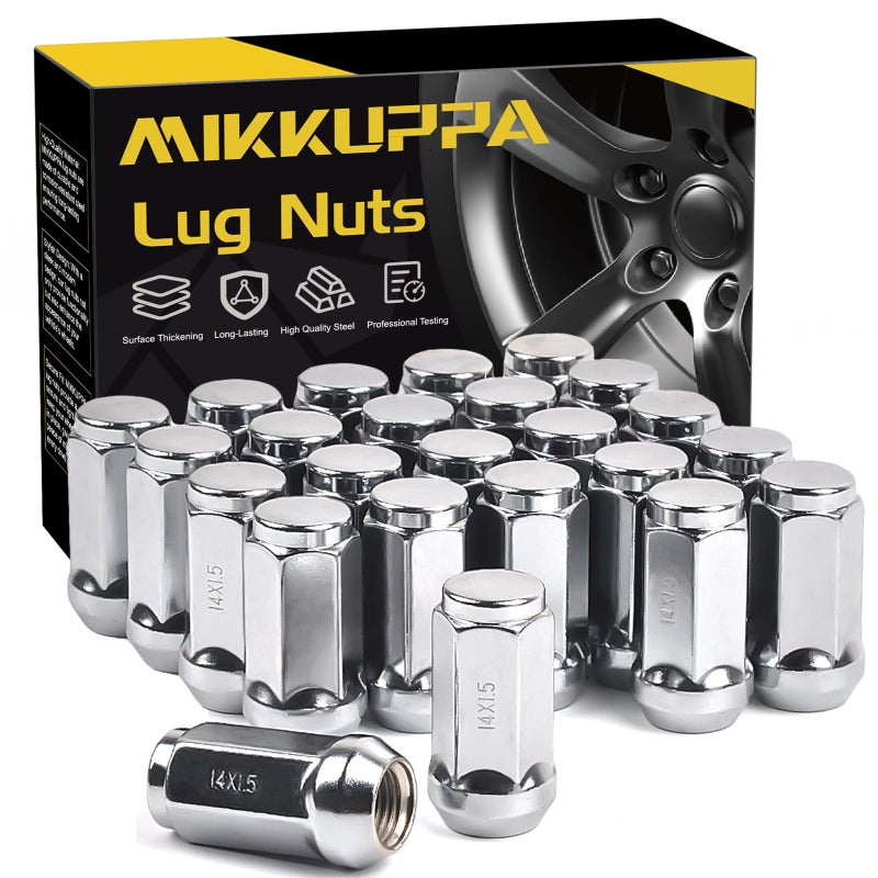 MIKKUPPA M14x1.5 Lug Nuts - Replacement for Chevy Silverado, Ford, GMC Aftermarket Wheel - 24pcs Chrome Seat Wide 23mm Closed End Bulge Acorn One-Piece Wheel Tire Lug Nut - Image 1